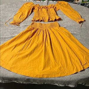Free People Mustard Yellow Smocked Off-Shoulder Skirt Set
